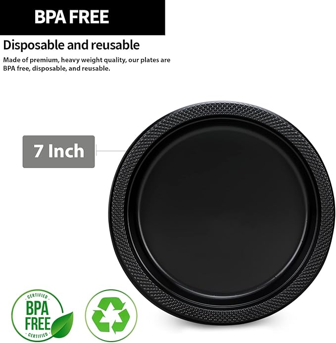 Hanna K. Signature Black Plastic Plates 7 Inch 600 Count – Heavy Duty Disposable Dessert Plates Bulk for Catering, Weddings & Events