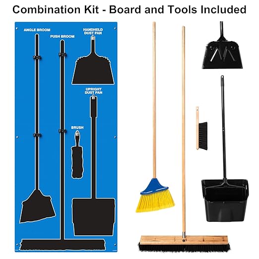 Clean & Sweep 5S Shadow Board/Wall Mount Broom Holder, 68" x 30" Board, 5S Cleaning Station - with Broom and Dustpan Set Included, Made in The USA by AccuformNMC, Blue/Black, PSB616BUBK