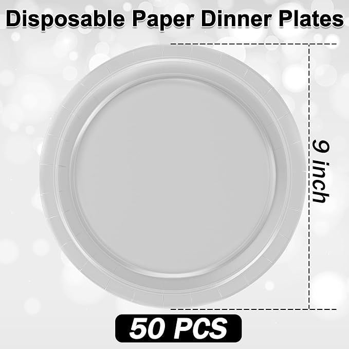 QZYL 50 PCS Paper Plates Set, Silver 9 Inches Disposable Dinner Plates, Heavy Duty Party Plates Bulk, Round Paper Dinner Plates for Daily Meals Party Picnic Wedding Birthday Anniversary Christmas