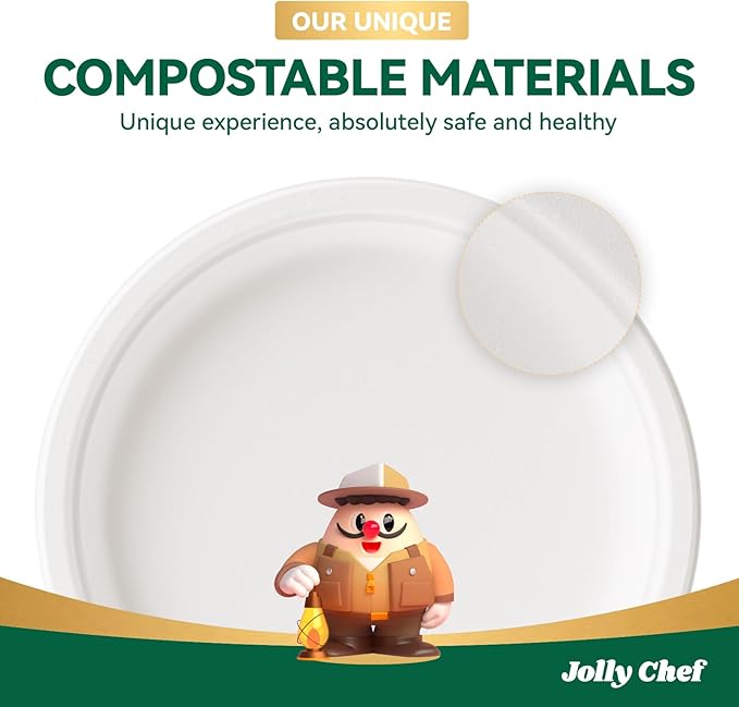 JOLLY CHEF Compostable Heavy Duty Plates 𝟭𝟬 𝗜𝗻𝗰𝗵 [𝟱𝟬𝟬 𝗣𝗮𝗰𝗸] Eco-Friendly Disposable White Uncoated Paper Plates Bagasse Sugarcane Biodegradable for Hot Cold Food Party Dinner Christmas