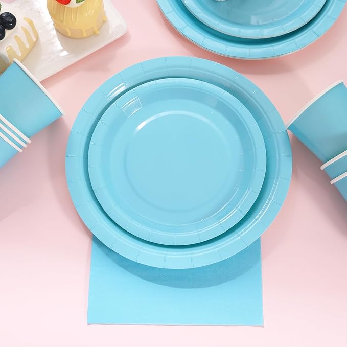 200Pcs Blue Paper Plates and Napkins Cups, Blue Plates and Napkins Party Supplies, Boy Baby Shower Serve 50