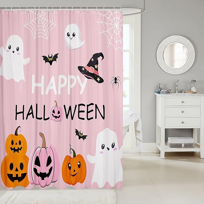 Cute Ghost Pumpkin Pink Bathroom Curtains for Kids Teens Adults,Kids Cartoon Style Shower Curtains,Happy Halloween Bath Curtains with 12 Hooks,Waterproof,72" W x 78" L