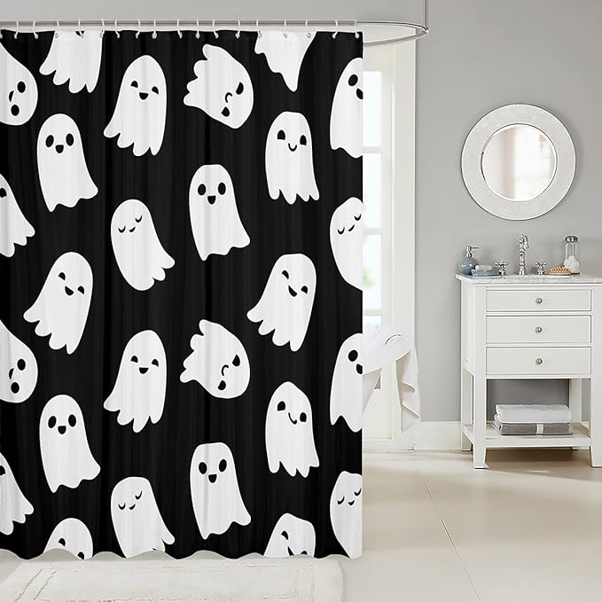 Cute Cartoon Ghost Shower Curtains,Halloween Theme Bathroom Curtains for Kids Teens Adults,Lovely Black White Waterproof Bath Curtains with 12 Hooks for Bathtub,72" W x 72" L