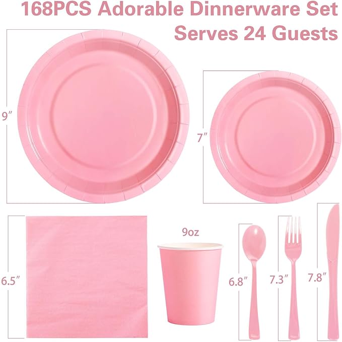 168PCS Light Pink Paper Plates and Napkins,Pink Disposable Plates Set with Utensils Serve 24 Guests for Baby Shower Graduation Valentines Day Party Decorations Party Supplies