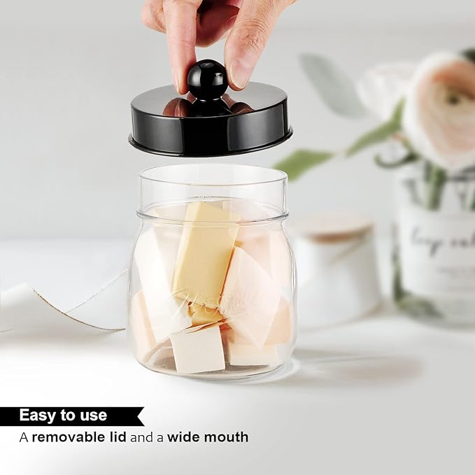 Farmhouse Decor Apothecary Jar Set, Mason Jar Bathroom Vanity Storage Organizer Canister-Qtip Holder Plastic Acrylic Jar for Cotton Swab, Cotton Pad, Floss Pick, Paper Clip, Hair Clips (4 Pack, Black)