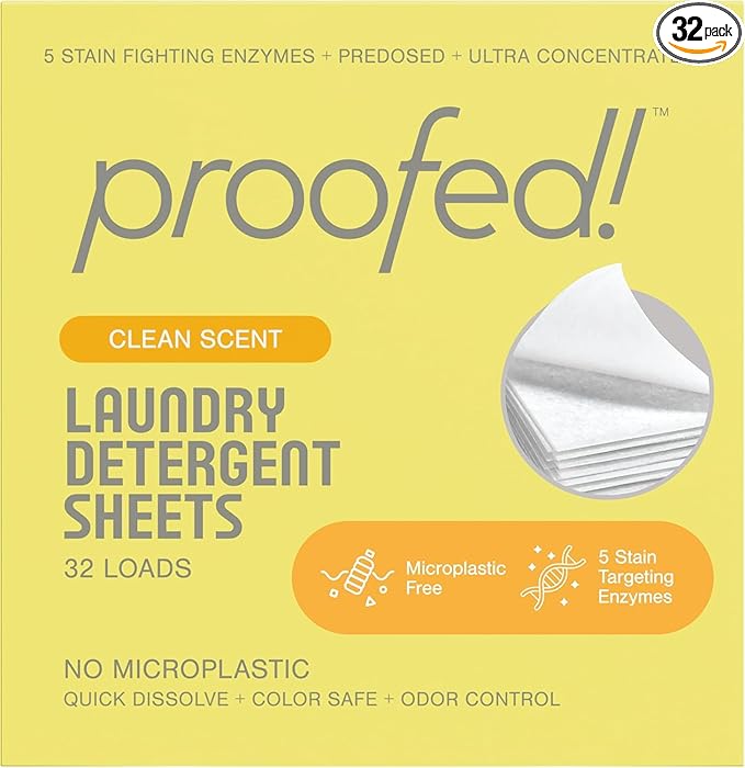 Proofed! Laundry Detergent Sheets, The Only 100% Plastic-Free Sheet, No PVA or PVOH, Hypoallergenic, Bio-Based Ingredients, Made in USA, Clean Scent, 1 Box, 32 Count