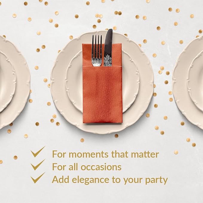 PAW - Terracotta Linen Feel Napkins with Built-in Flatware Pocket, Airlaid Paper Pre-Folded Napkins for Silverware, Wedding Party, Dinner, Birthday, Gatherings, 50 Count