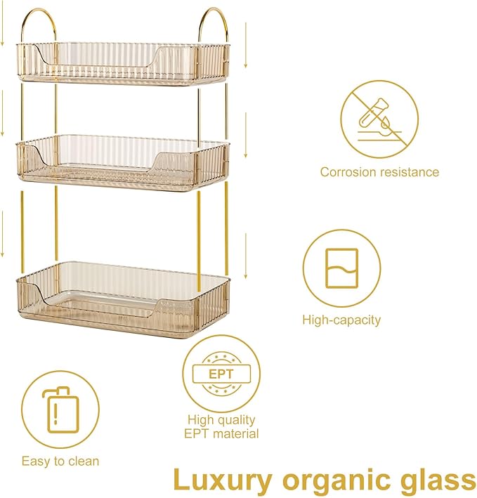 Bathroom Counter Organizer Skincare Organizer Perfume Holder for Dresser Countertop Shelf Bathroom Countertop Tray for Cosmetic Skin Care Lipstick (Gold 3-Storey)