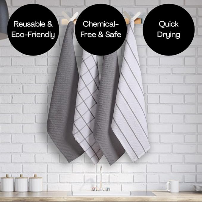 Assorted Waffle Kitchen Dish Towels 100% Cotton Set of 6, Soft Absorbent Quick Drying Table and Kitchen Linen, Tea Towels and Cleaning Towels with Hanging Loop, Dish Towels 15x25 Grey