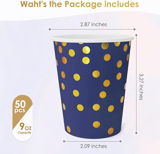 Navy Blue and Gold Paper Cups,9 oz Navy Blue and Gold Foil Dot Disposable Cups for Birthday Wedding Party Supplies(50 Pcs)