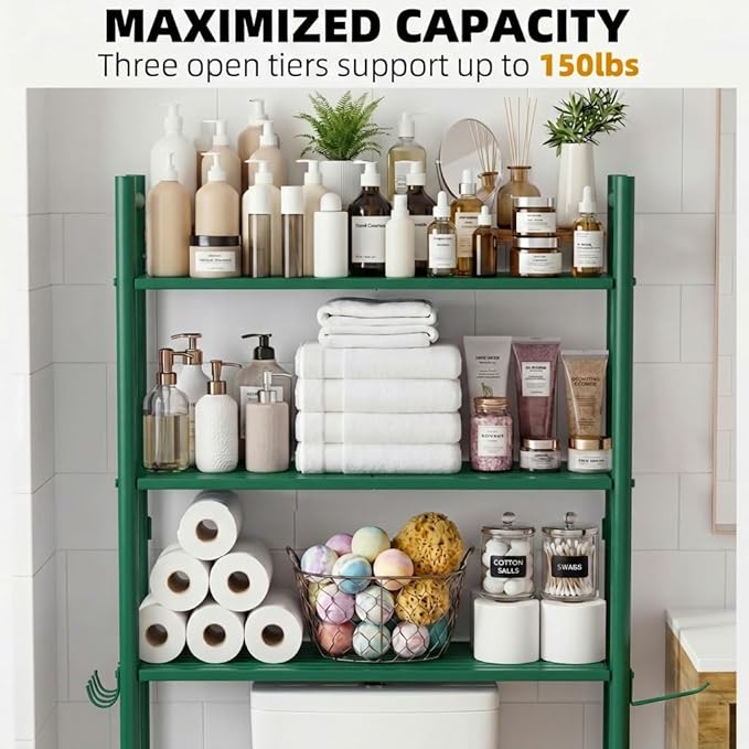 GloTika 3-Tier Over Toilet Storage with Anti-Tilt Safety System - 150lb Total Capacity Metal Bathroom Shelves Including Paper Holder & 4 Hooks, Space Saving Above Commode Organizer (64" H, Green)