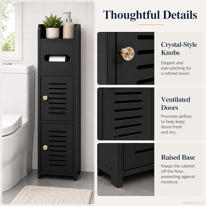 Toilet Paper Holder Stand, Small Bathroom Storage Cabinet with Doors and Toilet Paper Storage, Slim Floor Standing Shelf for Small Spaces,Toilet Storage Cabinet for Bathroom,Black