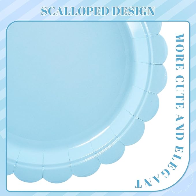 NatNarr 30 Pcs Dessert Plates Disposable, 7 Inch Light Blue Cake Plates Scalloped Small Appetizer Birthday Plate Cute Baby Blue Paper Plate for Boy Baby Shower, Birthday, Wedding