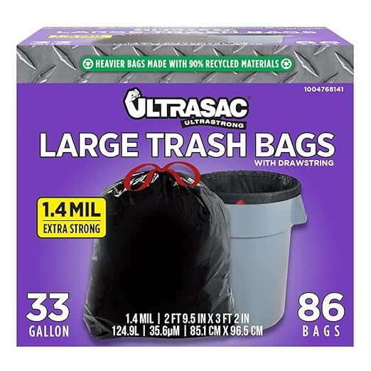 Ultrasac Black Large Heavy Duty Drawstring Trash Bags 33 Gallon 1.4 MIL, 33.5" x 38" - Pack of 86 - For Home, Commercial, Construction, & Outdoor