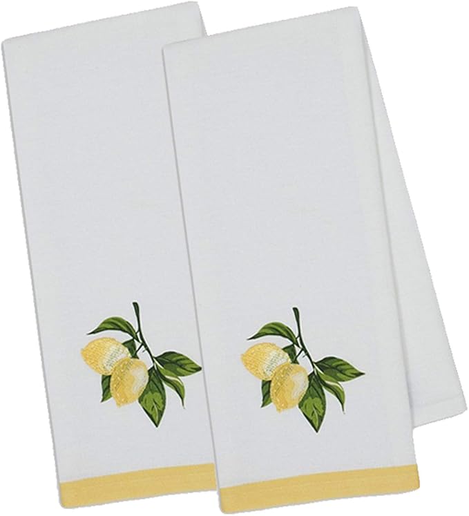 Design Imports Lemon Bliss Table Linens, 18-Inch by 28-Inch Dishtowels, Set of 2, Lemon Branch Embellished