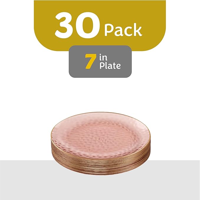 PLASTICPRO 30 Pack Hammered Plastic Plates Heavyweight Disposable Plastic Plates Elegant Clear Hammered Rim Platsic Party Dishes (Rose With Gold Rim, 7'' INCH PLATES)
