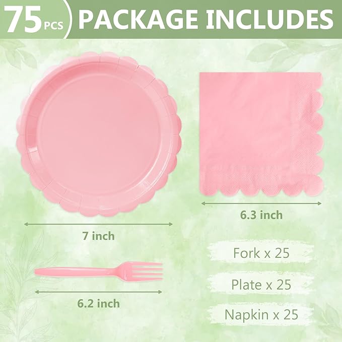 Mulbozy 75 Pink Plates and Napkins Disposable Set Includes 25 Dessert Cake Scalloped Plates, Cocktail Napkins & Forks, for Fork 25 Guests Holiday Party Supplies.