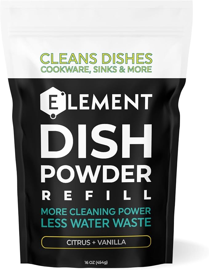 ELEMENT Dish Powder | Grease-Fighting Dish Soap | No Harsh Chemicals, Liquidless, Plastic-Free | Plant-Based Pouch | 16 OZ (Citrus + Vanilla, 16 OZ Refill Pouch)