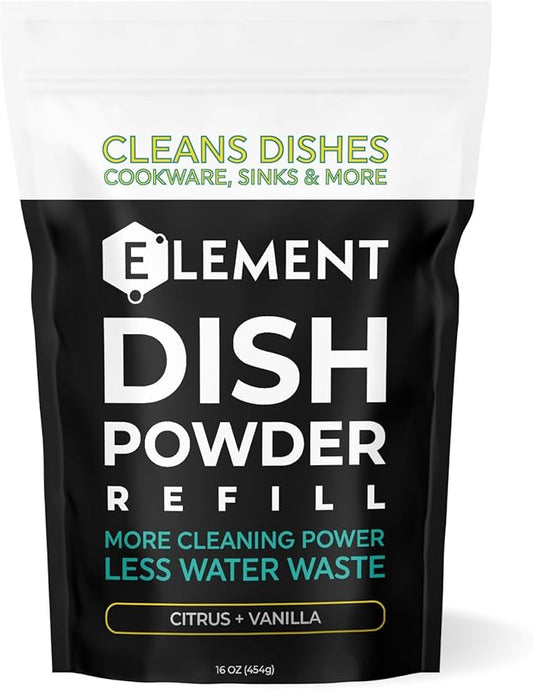 ELEMENT Dish Powder | Grease-Fighting Dish Soap | No Harsh Chemicals, Liquidless, Plastic-Free | Plant-Based Pouch | 16 OZ (Citrus + Vanilla, 16 OZ Refill Pouch)