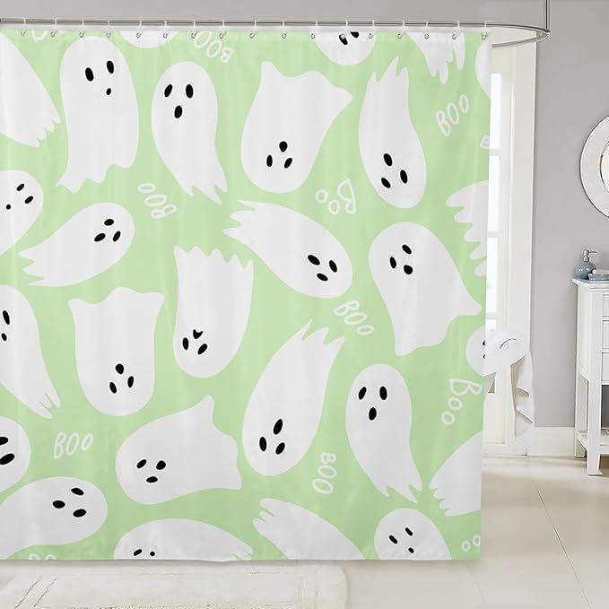 Cartoon Ghost Fabric Shower Curtain,White Green Watercolor Hand Draw Print Shower Curtain,Halloween Waterproof Shower Curtain for Bathroom,72 Inch Long