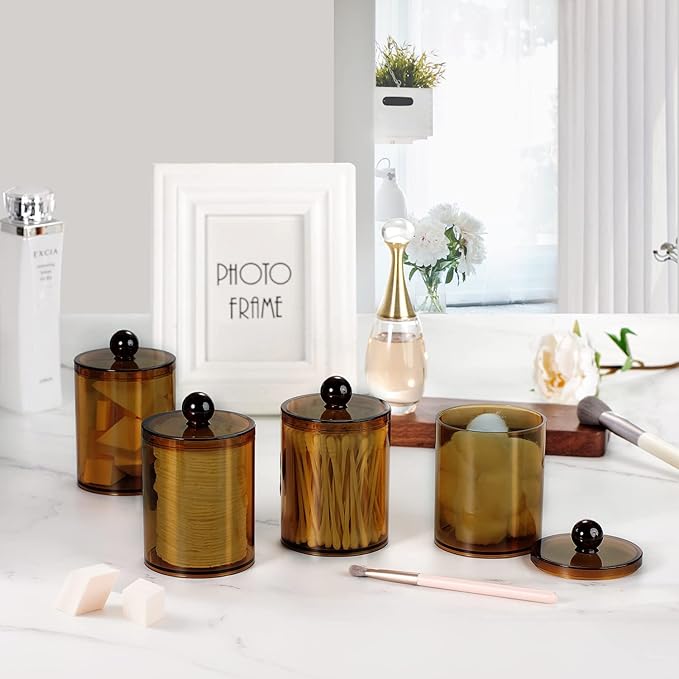 SheeChung 4-Pack Amber Acrylic Apothecary Jars - (2) 15oz & (2) 12oz Qtip Holder Set - Shatterproof Bathroom Vanity Organizer for Cotton Swabs,Balls,Pads - Modern Farmhouse Decor