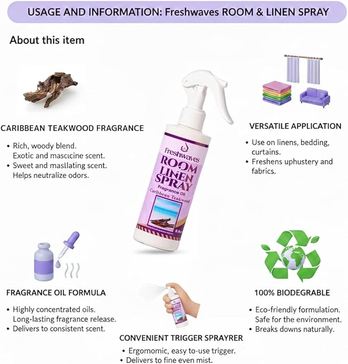 Freshwaves Room & Linen Spray | Caribbean Teakwood Fragrance Oil | 8.8oz Air Freshener | Odor Eliminator for Living Room, Bedroom, Bathroom & Office | White Bottle