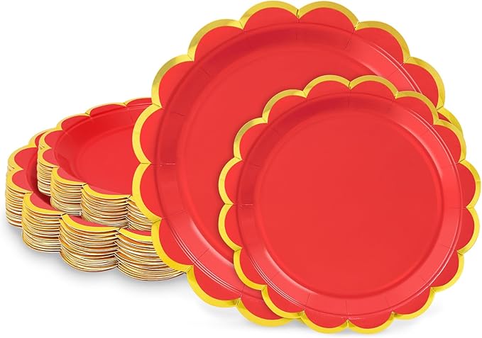 50 Pcs Red Paper Plates, 25 Pcs 9" and 25 Pcs 7" Disposable Christmas New Years Scalloped Plates with Gold Foil for Graduation Wedding Baby Shower Birthday Party Picnic BBQ