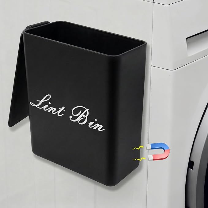 Artilife Magnetic Plastic Black Lint Bin with Lid for Laundry Room, 6 X 5 Inch Compact Wall Mount Lint Holder for Dryer, Small Black ABS Trash Can for Dryer Lint and Sheets