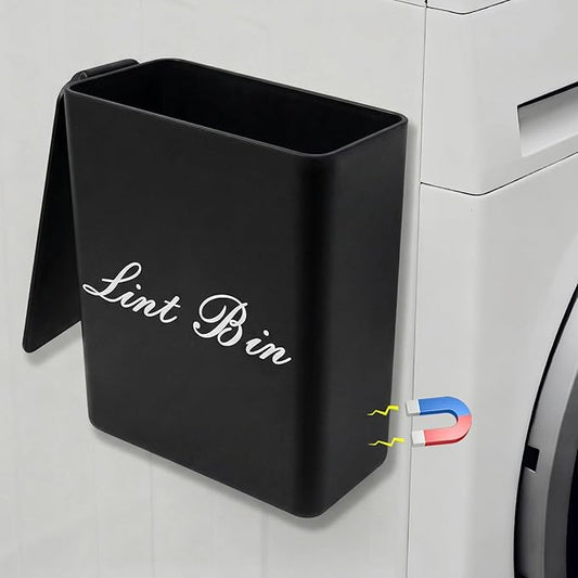 Artilife Magnetic Plastic Black Lint Bin with Lid for Laundry Room, 6 X 5 Inch Compact Wall Mount Lint Holder for Dryer, Small Black ABS Trash Can for Dryer Lint and Sheets