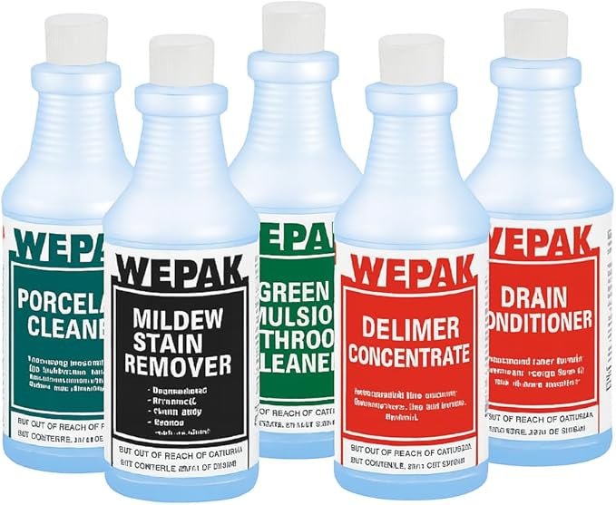 WEPAK Professional Bathroom Cleaning Bundle, 5-Piece Set with Porcelain Cleaner, Mildew Remover, Green Emulsion Cleaner, Delimer, Drain Conditioner