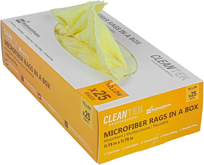 Restaurantware-Clean Tek Professional 11.81 x 11.81 Inch Microfiber Rags In a Box, 25 Absorbent Cleaning Cloths - No-Scratch, Yellow Microfiber Reusable Edgeless Cleaning Towels, Leaves No Streak