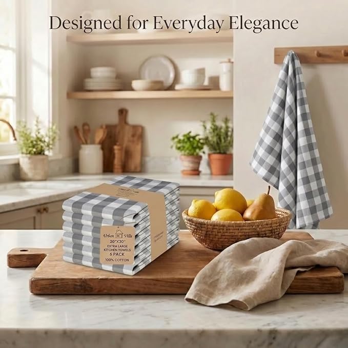 Urban Villa Kitchen Towels Set of 6 Buffalo Checks Grey/White Kitchen Towels 20X30 Inches 100% Cotton Highly Absorbent Kitchen Towels Premium Quality Ultra Soft Mitered Corners KitchenTowels