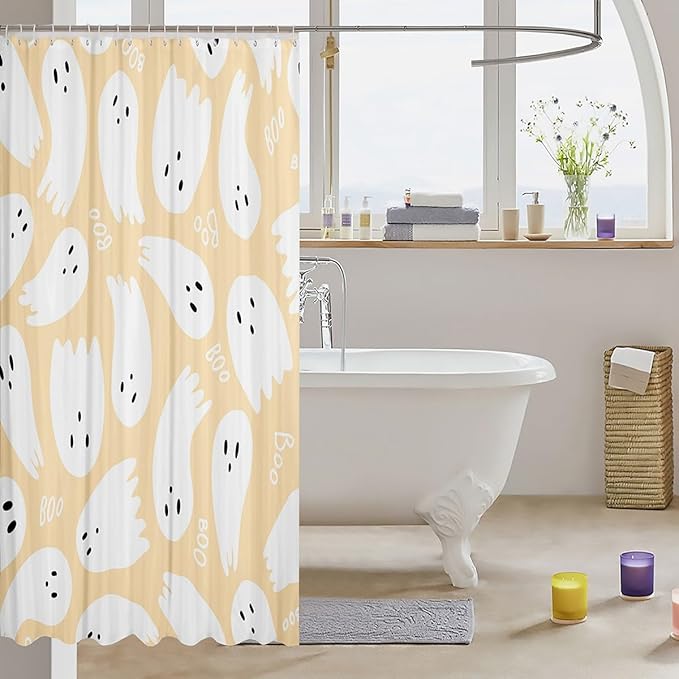 Happy Halloween Theme Shower Curtains,Yellow Cartoon Style Bath Curtain,Cute Ghost Cloth Fabric Bathroom Decor Set with Hooks,78" Long