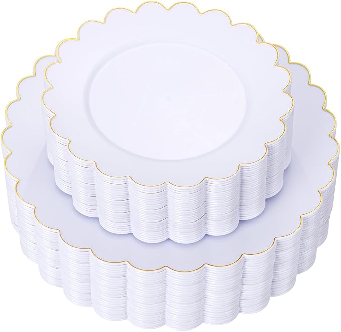 LIYH 60 Pcs Gold White Plastic Plates Scalloped Disposable Combo Includes 30 Dessert & 30 Dinner Plates for Monthers Day Birthday Wedding Party