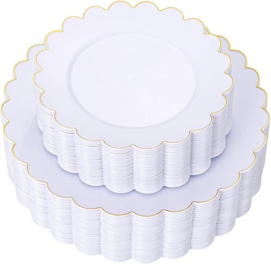 LIYH 60 Pcs Gold White Plastic Plates Scalloped Disposable Combo Includes 30 Dessert & 30 Dinner Plates for Monthers Day Birthday Wedding Party