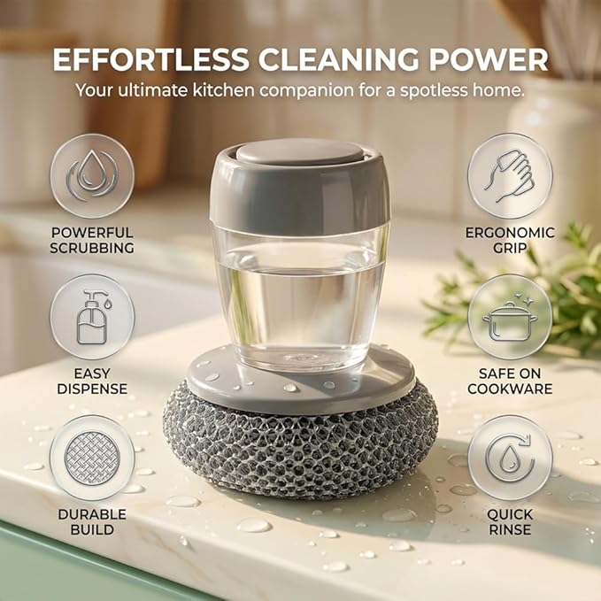 Sakerplus Soap Dispensing Palm Brush,One-Press Kitchen Scrub Brush with Built-in Soap Reservoir,Ergonomic Handheld Dish Cleaning Tool for Plates,Bowls,Glasses&Utensils (2, Steel Wire Material)