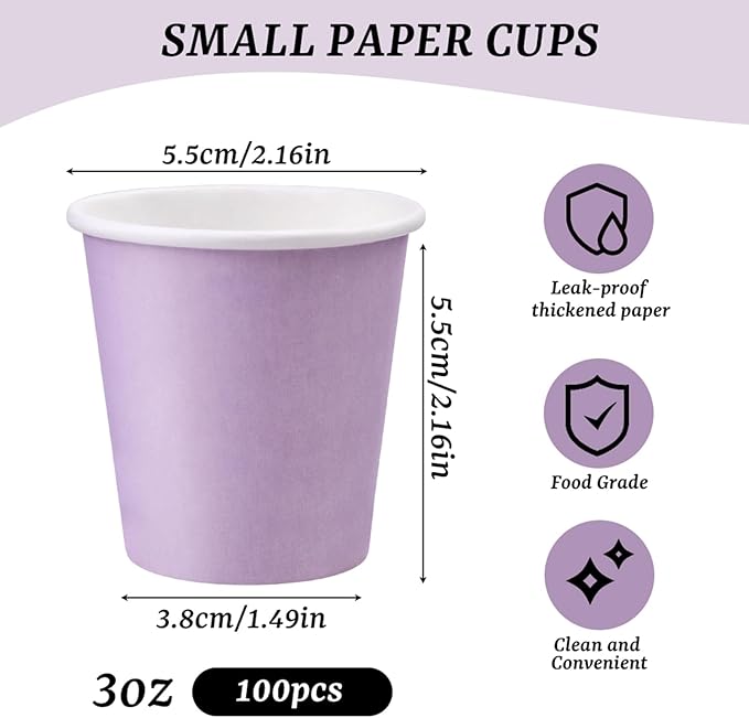 100 Pack Paper Cups, 3 oz Bathroom Cups, Moushwash Cup, Small paper Cup for Water, Juice, Candy Ideal for Party Bathroom and Office（Purple）