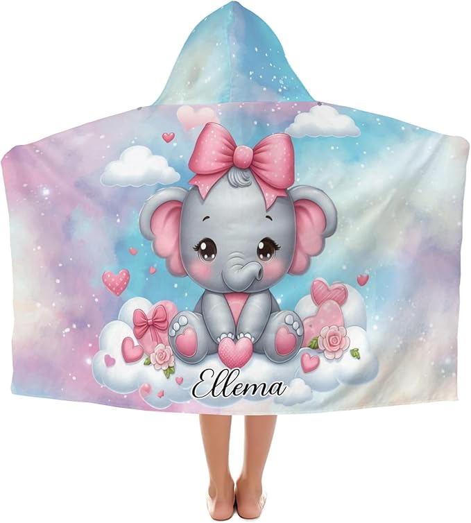 Galaxy Pink Elephant Personalized Kids Hooded Towel with Name Soft Absorbent Beach Pool Bath Towels Hood Poncho for Boys Girls