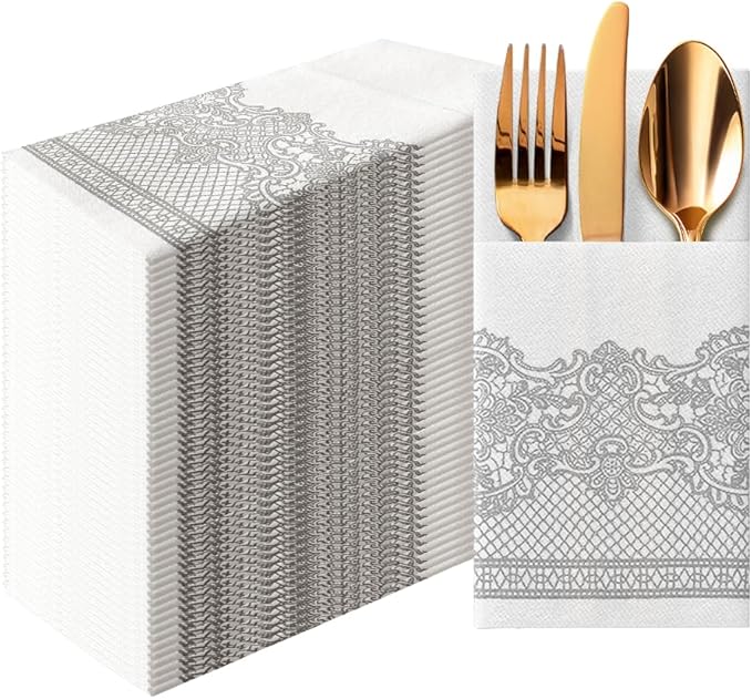 PAW - Linen Feel Napkins with Built-in Flatware Pocket, Soft and Absorbent Paper Pre-Folded Napkins with Silver Lace, Elegant Guest Towels, Wedding Party, Dinner, Birthday, Gatherings, 50 Count