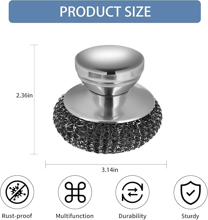 4Pcs Steel Wool Scrubber Set, Stainless Steel Scrubber with Stainless Steel Handle, for Cleaning Dishes, Cast Iron, Stock Pots, Pans, Griddles, Grills