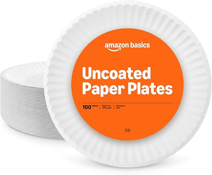 Amazon Basics 9" Uncoated White Paper Plates, Microwave Safe, 100 Count