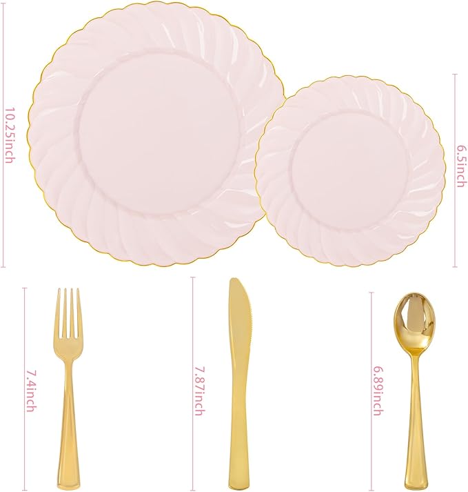 YOUBET 125Pcs Pink Plastic Plates with Gold Rim - Scalloped Plastic Plates Set Includes 25 Dinner, 25 Dessert Plate, 75 Gold Silverware for 25 Guests for Wedding Birthday Baby Shower