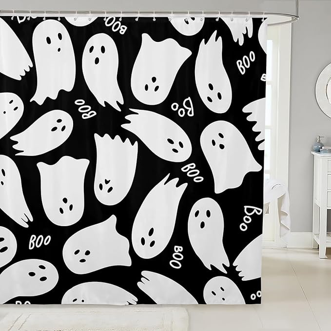 Cartoon Halloween Ghost Shower Curtains,Black White Bath Curtain,Kids Cartoon Style Bathroom Decor Set with 12 Hooks for Bathtub,72" Long