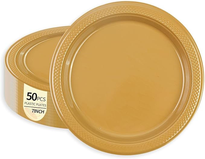 50 Pack Gold Plastic Plates, 7 Inch Disposable Dessert Plates Party Plates for Picnic Travel Birthday Wedding Party Supplies (Gold, 7 Inch)