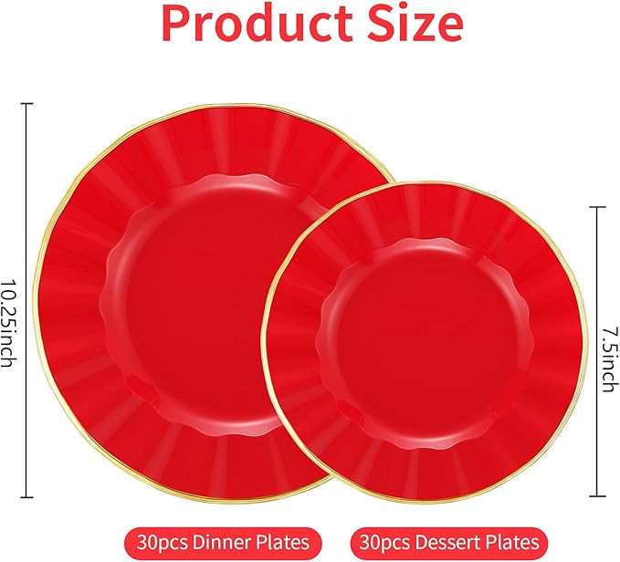 60Pcs Heavy Weight Red Plastic Plates with Gold Trim, Heavy Duty Red and Gold Christmas Plates, Elegant Disposable Plate Sets include 30 Dinner & 30 Dessert Plate for Party