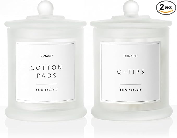 Ronasip Qtip Holder & Cotton Pad Dispenser, Bathroom Organizer and Storage Canisters, 16oz Glass Apothecary Jars for Kitchen, Restroom - Home Decor, Room Decor Aesthetic (2 Pack, Frosted White)