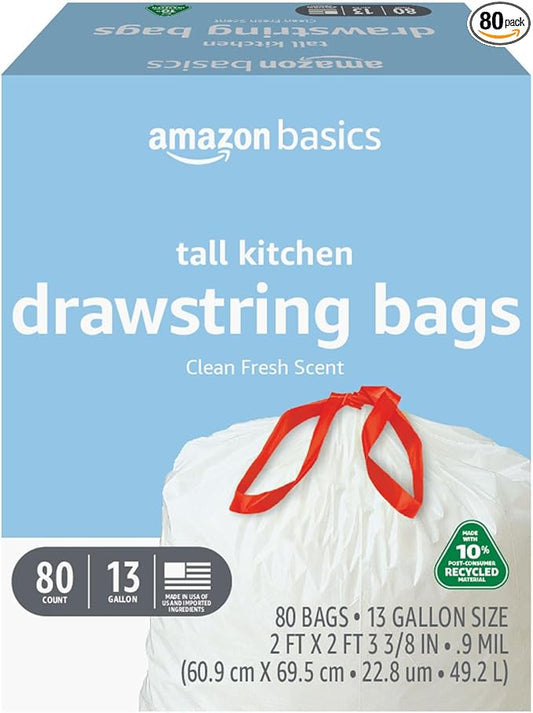 Amazon Basics 13 Gallon Tall Kitchen Drawstring Trash Bags, Clean Fresh Scent, 10% Post Consumer Recycled Material, 80 Count