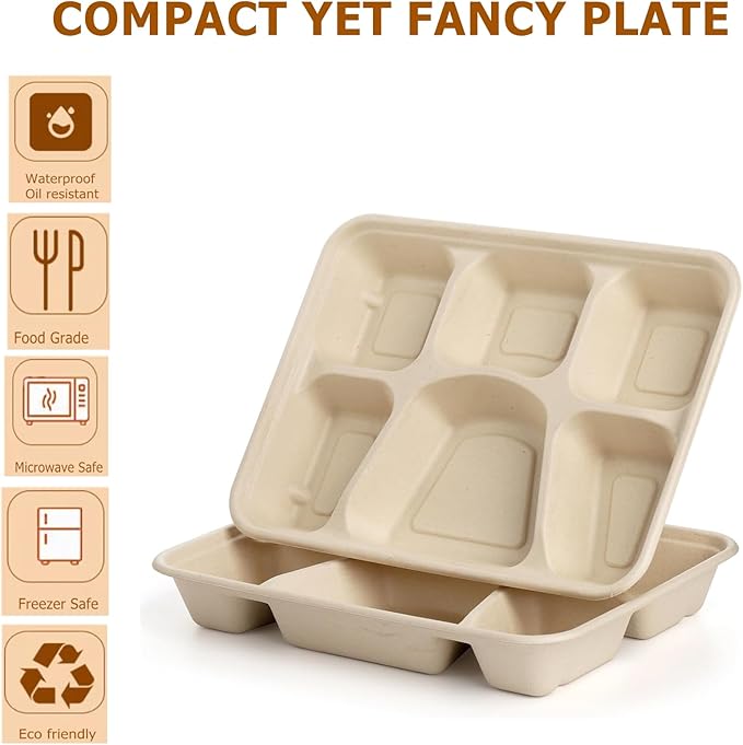 50 Pack 6 Compartment Disposable Plate, Heavy Duty Divided Paper Plates for Dinner, Microwavable Freezer Safe School Food Lunch Platter Tray for Party Dinner Buffet