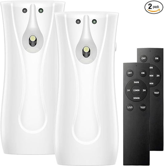 Automatic Air Freshener Dispenser 2-Pack with Remote, Battery Operated Wall Mount or Freestanding Spray, Adjustable Timer for Bathroom, Office & Home (WHITE)