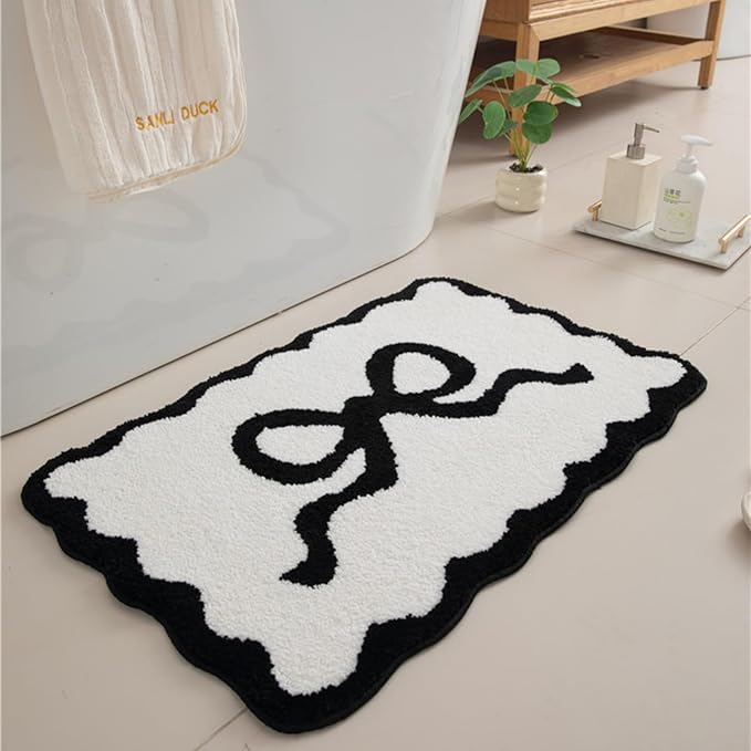 Black Scalloped Bathroom Mat 26x18, Soft Absorbent Bath Mats, Machine Washable Microfiber Floor Mats for Bathroom Tubs, Sinks and Showers